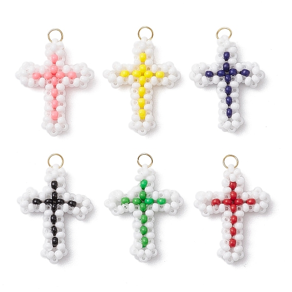 Подвески-крестики из бисера, подвески из стеклянных бусин с узором ткацкого станка, с прыжковых колец