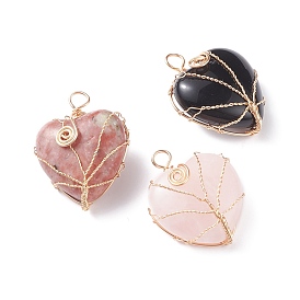 Pendentifs de pierres précieuses naturelles et synthétiques, avec du fil de cuivre enroulé, cœur