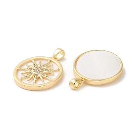 Natural White Shell Sun Pendants, Brass Micro Pave Clear Cubic Zirconia Flat Round Charms