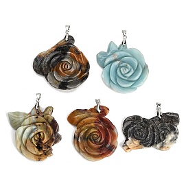 Große Anhänger aus Amazonit mit natürlichen Blumenmotiven, Blumenanhänger mit Messing-Schnappösen, Edelstahl Farbe