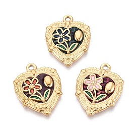 304 подвески из нержавеющей стали и эмали, сердце с цветочными подвесками, ионное покрытие (ip), реальный 18 k позолоченный