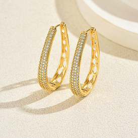 Pendientes de aro de circonita cúbica con micro pavé de latón para mujer, oval