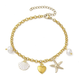 Natural Pearl & Iron Rolo Chain Bracelets, Summer Beach Shell & Starfish Charm Bracelets for Women