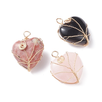 Pendentifs de pierres précieuses naturelles et synthétiques, avec du fil de cuivre enroulé, cœur