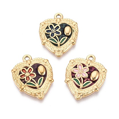 304 подвески из нержавеющей стали и эмали, сердце с цветочными подвесками, ионное покрытие (ip), реальный 18 k позолоченный
