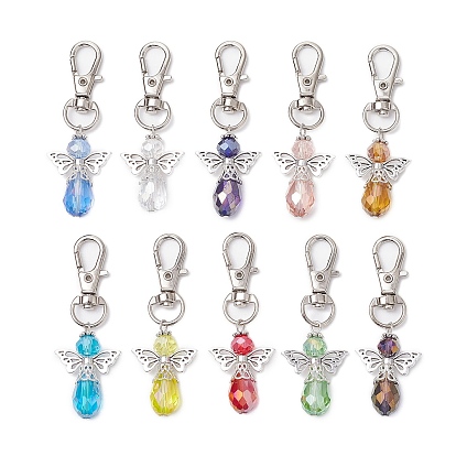 10pcs 10 couleurs décorations pendentif en verre ange, fermoirs pivotants en alliage pour porte-clés, sac à main, ornement de sac à dos