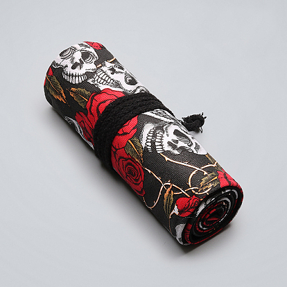 Skull Pattern Handmade Canvas Pencil Roll Wrap, Roll Up Pencil Case for Coloring Pencil Holder