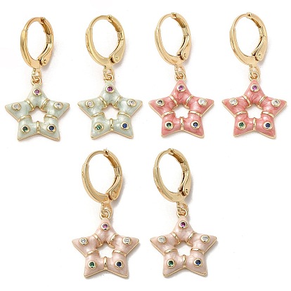 Boucles d'oreilles pendantes en laiton doré en forme d'étoile, fermoir à levier, avec de l'émail et de la zircone cubique