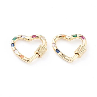 Brass Micro Pave Cubic Zirconia Screw Carabiner Lock Charms, for Necklaces Making, Long-Lasting Plated, Heart, Colorful