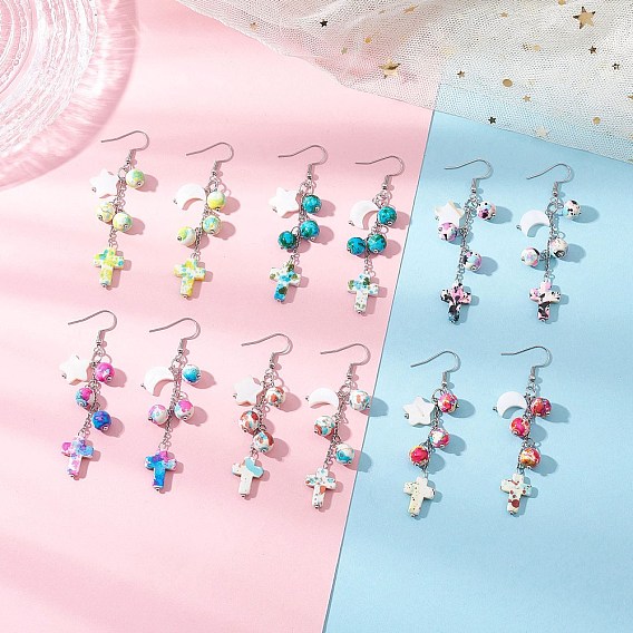 304 крест из нержавеющей стали с синтетической бирюзой и подвесными серьгами в виде луны и звезды, золотые