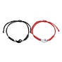 2Pcs 2 Style YinYang Alloy Link Bracelets Set, Adjustable Polyester Braided Couple Bracelets