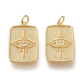 Brass Micro Pave Clear Cubic Zirconia Pendants, with Jump Rings, Long-Lasting Plated, Rectangle with Eye