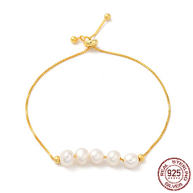 925 Sterling Silver Slider Bracelets, with Natural Pearl Round Beaded, with S925 Stamp