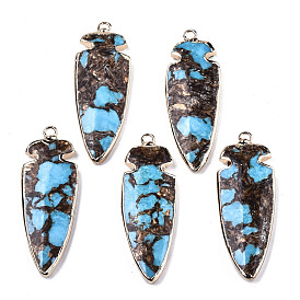 Assembled Bronzite and Synthetic Aqua Terra Jasper Pendants, with Edge Light Gold Plated Brass Findings, Teardrop