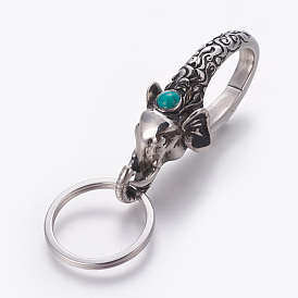 304 Stainless Steel Split Key Rings, Keychain Clasp Findings, with Synthetic Turquoise, Elephant