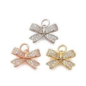 Rack Plating Brass Micro Pave Cubic Zirconia Pendant, Long-Lasting Plated, Lead Free & Cadmium Free, Bowknot Charms, with Jump Ring