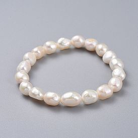 Natural Pearl Stretch Bracelets, with Burlap Packing Pouches Drawstring Bags, Oval