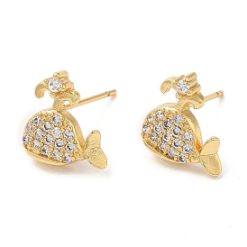 Rack Plating Brass Whale Stud Earrings with Cubic Zirconia, Lead Free & Cadmium Free