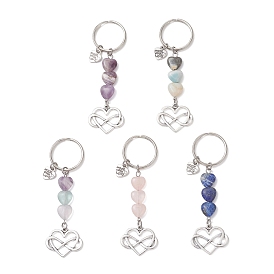 Брелки в форме сердца из натуральных смешанных драгоценных камней, с железными разрезными брелоками, старинное серебро и платина