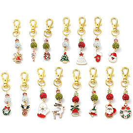 15Pcs 15 Style Christmas Alloy Enamel Pendant Decorations, Polymer Clay Rhinestone and Swivel Clasps Charms for Bag Ornaments