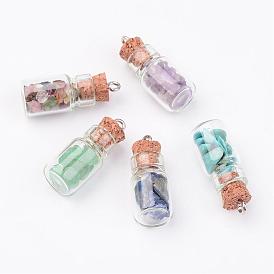 Glass Bottle Pendants, with Natural & Synthetic Gemstone Chip Beads and Iron Findings, Platinum
