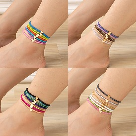 7 шт. комплекты браслетов на лодыжку из латуни и стеклянных бусин в стиле бохо с сердечками, штабелируемые ножные браслеты, золотые