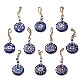 Flat Round with Evil Eye Lampwork Pendant Decoration, Resin Beads and Hemp Rope Hanging Ornaments