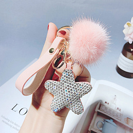 Sparkling 5-Pointed Star Keychain with Fox Fur and Rhinestones - Cute Heart Bag Charm
