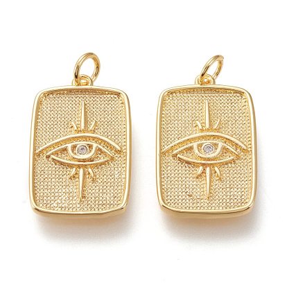 Brass Micro Pave Clear Cubic Zirconia Pendants, with Jump Rings, Long-Lasting Plated, Rectangle with Eye
