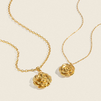 304 Stainless Steel Vintage 3D Rose Flower Pendant Necklaces for Women