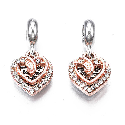 Rack Plating Alloy European Dangle Charms, with Rhinestone, Large Hole Pendants, Cadmium Free & Nickel Free & Lead Free, Platinum & Rose Gold, Heart with Word