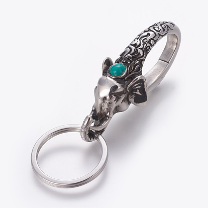 304 Stainless Steel Split Key Rings, Keychain Clasp Findings, with Synthetic Turquoise, Elephant