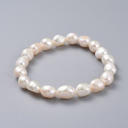 Natural Pearl Stretch Bracelets, with Burlap Packing Pouches Drawstring Bags, Oval