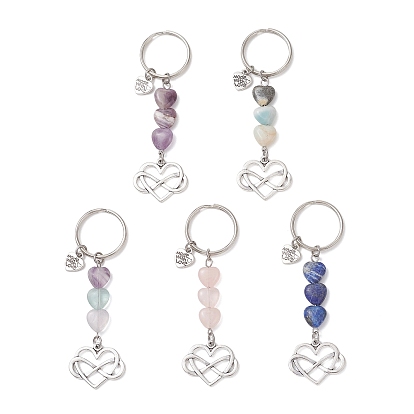 Брелки в форме сердца из натуральных смешанных драгоценных камней, с железными разрезными брелоками, старинное серебро и платина