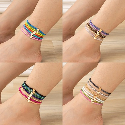 7 шт. комплекты браслетов на лодыжку из латуни и стеклянных бусин в стиле бохо с сердечками, штабелируемые ножные браслеты, золотые