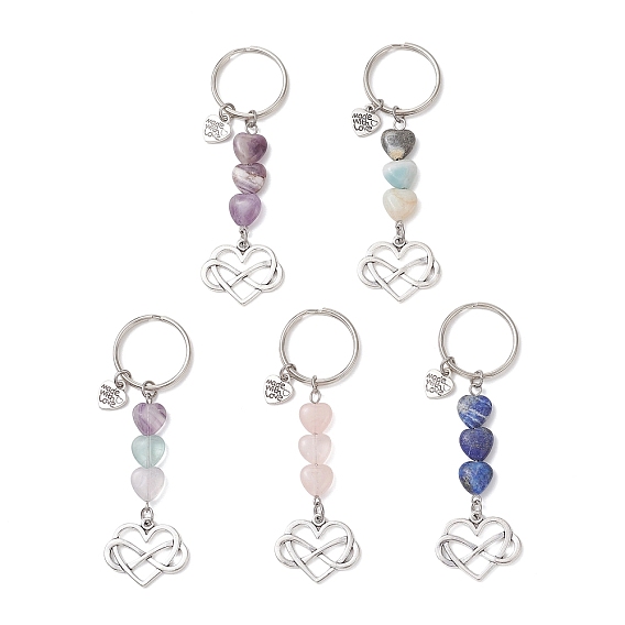 Брелки в форме сердца из натуральных смешанных драгоценных камней, с железными разрезными брелоками, старинное серебро и платина