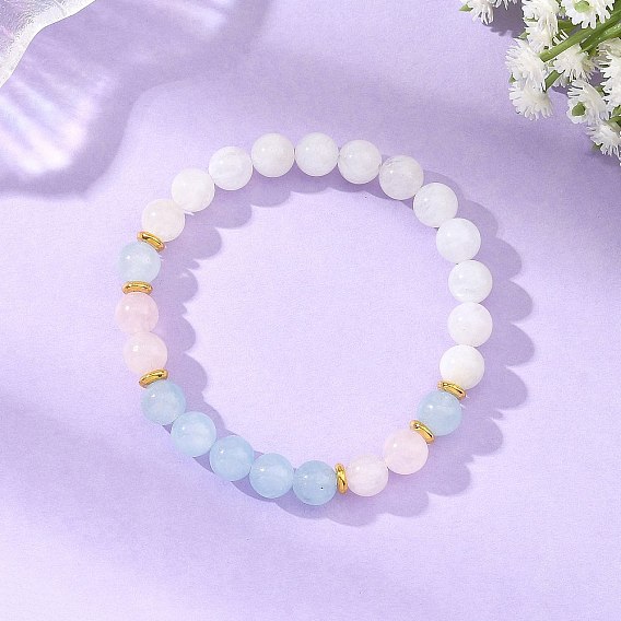 8MM Round Natural Rainbow Moonstone & Dyed White Jade & Madagascar Rose Quartz Beaded Stretch Bracelets, Golden, Colorful