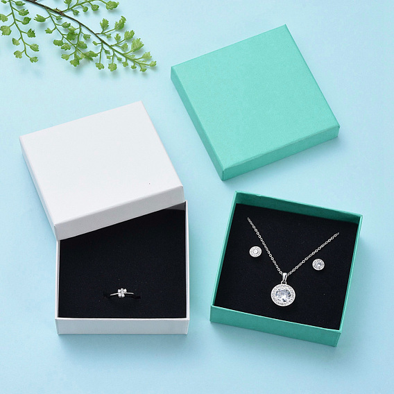 Cardboard Gift Box Jewelry Set Boxes, for Necklace, Earrings, with Black Sponge Inside, Square
