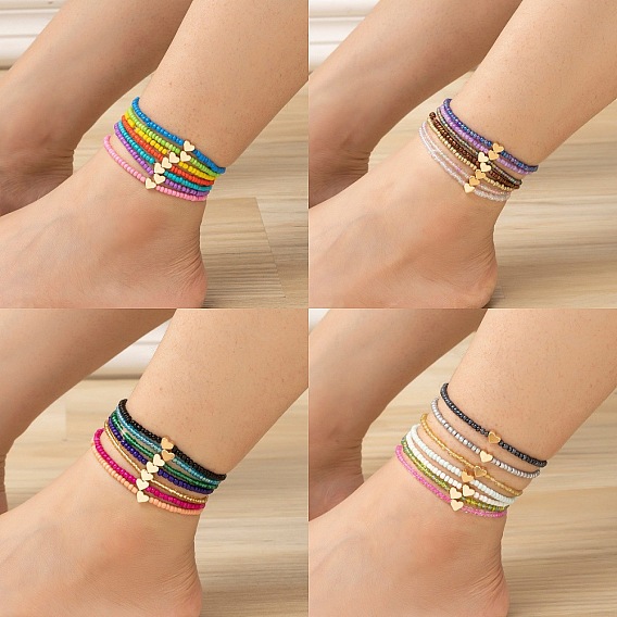 7 шт. комплекты браслетов на лодыжку из латуни и стеклянных бусин в стиле бохо с сердечками, штабелируемые ножные браслеты, золотые