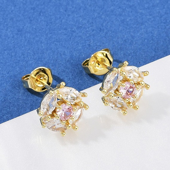 Латунные плоские круглые серьги-гвоздики с микропаве из прозрачных кубических цирконий, долговечный, стойки покрытие, без кадмия и без свинца