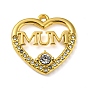 Ion Plating(IP) Real 18K Gold Plated 304 Stainless Steel Rhinestone Pendants, Heart with Word Mum Charms, for Mother's Day