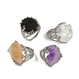 Nuggets Natural Gemstone Finger Rings, Platinum Tone Brass Adjustable Rings