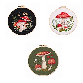 Mushroom Pattern Embroidery Starter Kits, including Embroidery Fabric & Thread, Needle, Embroidery Hoop, Instruction Sheet