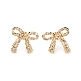 Brass Micro Pave Clear Cubic Zirconia Stud Earrings, for Women, Bowknot