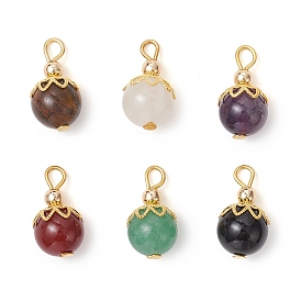 6 шт. 6 стили натуральный черный оникс и сердолик и тигровый глаз и зеленый авантюрин и белый нефрит круглые подвески, с железной фурнитурой, золотые, смешанные окрашенные и неокрашенные