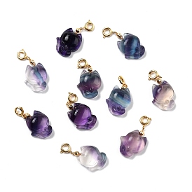 Natural Fluorite Carved Pendants, with Golden Plated Brass Findings, Fox