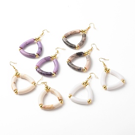 Brass Triangle Dangle Earrings, Chunky Curved Tube Beaded Drop Earrings for Women