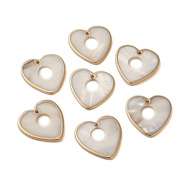 Natural Freshwater Shell Pendants, Brass Hollow Heart Charms, Golden