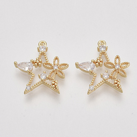 Brass Micro Pave Cubic Zirconia Pendants, Star with Flower, Clear, Nickel Free