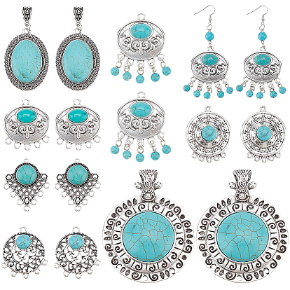 Набор для поиска поделок для изготовления ювелирных изделий, включая компоненты люстры из сплава в тибетском стиле и большие подвески, с синтетическими бирюзовый, плоские круглые и треугольные и овальные